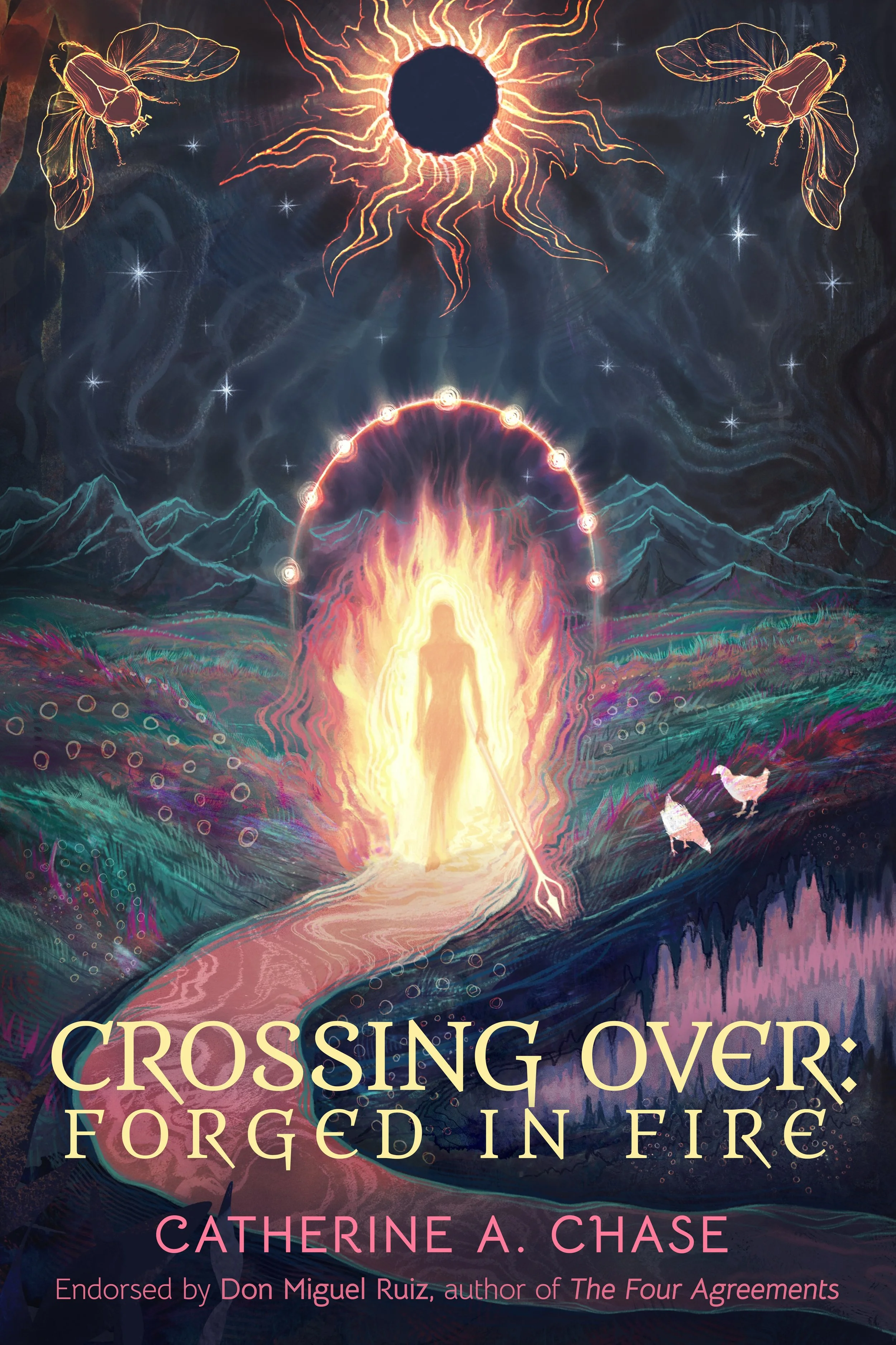 A glowing figure stands at a portal, surrounded by light, with a winding path, two white birds, mountains, and celestial symbols in the background. Text: “Crossing Over: Forged in Fire.”.