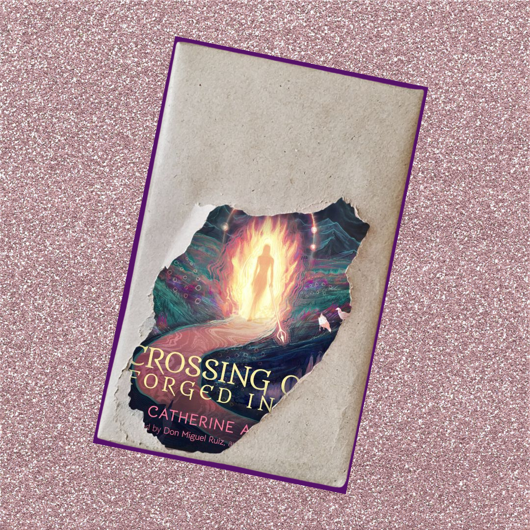 A book cover with a torn paper overlay reveals a fantasy illustration of a glowing figure standing before a bright portal on a glittery pink background.
