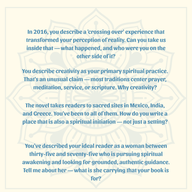 A blue, intricate mandala design with repeating petal-like shapes radiating outwards from a central circular pattern. Four text boxes containing interview questions overlay the mandala.