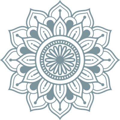 A teal mandala pattern with intricate floral designs and a circular center.