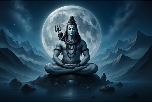 Image of Lord Shiva sitting cross legged, with eyes closed in front of a night sky with full moon behind his seated form