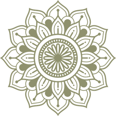 A sage green mandala pattern with intricate floral designs and a circular center.