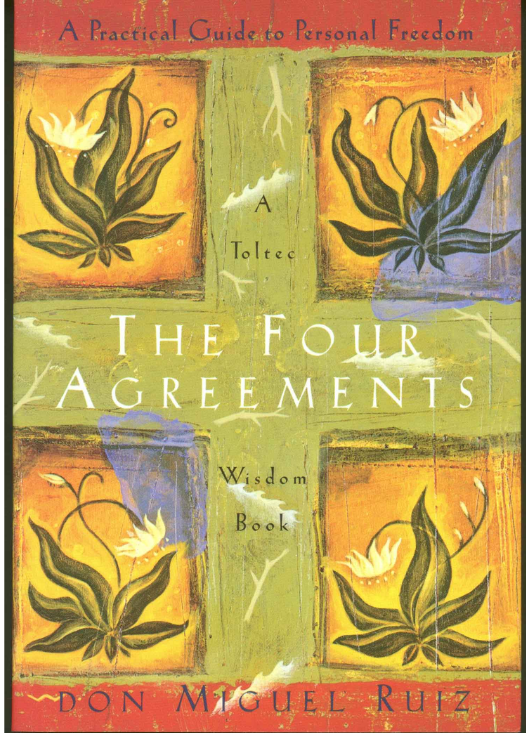 The Four Agreements book cover with images of 4 flowers