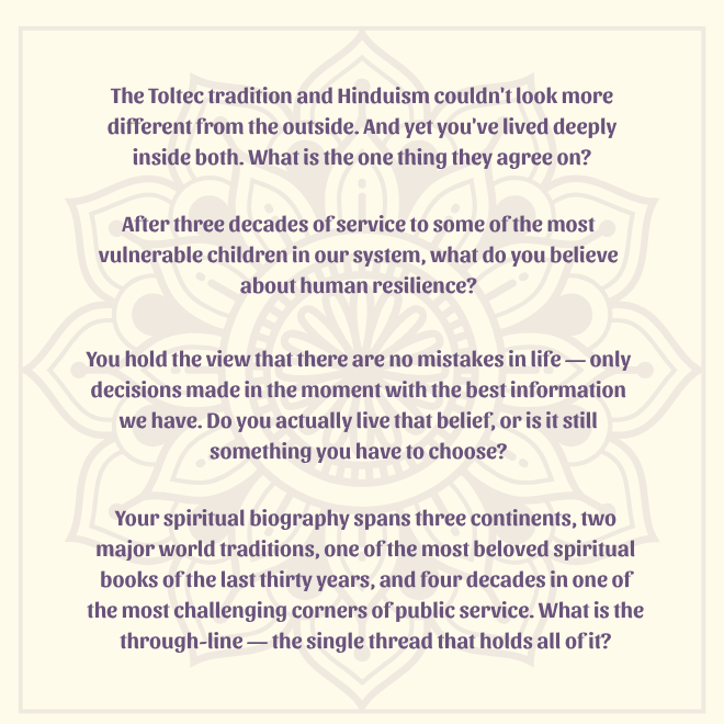 A purple, intricate mandala design with repeating petal-like shapes radiating outwards from a central circular pattern. Four text boxes containing interview questions overlay the mandala.