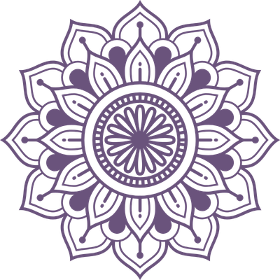 A purple mandala pattern with intricate floral designs and a circular center.