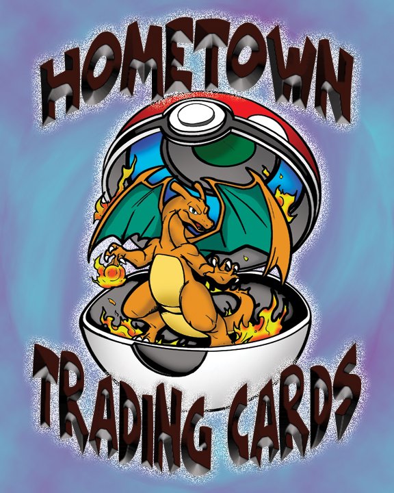 A cartoon Pokémon resembling Charizard emerging from a Pokéball with flames around its feet, surrounded by the text "Hometown Trading Cards" in stylized font.