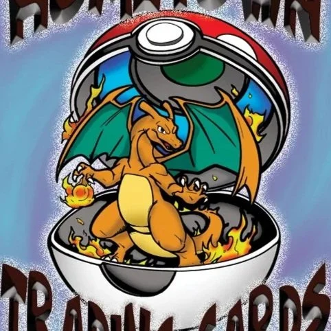 A cartoon of Charizard, a dragon-like Pokémon, emerging from a Poké Ball with flames around its feet.
