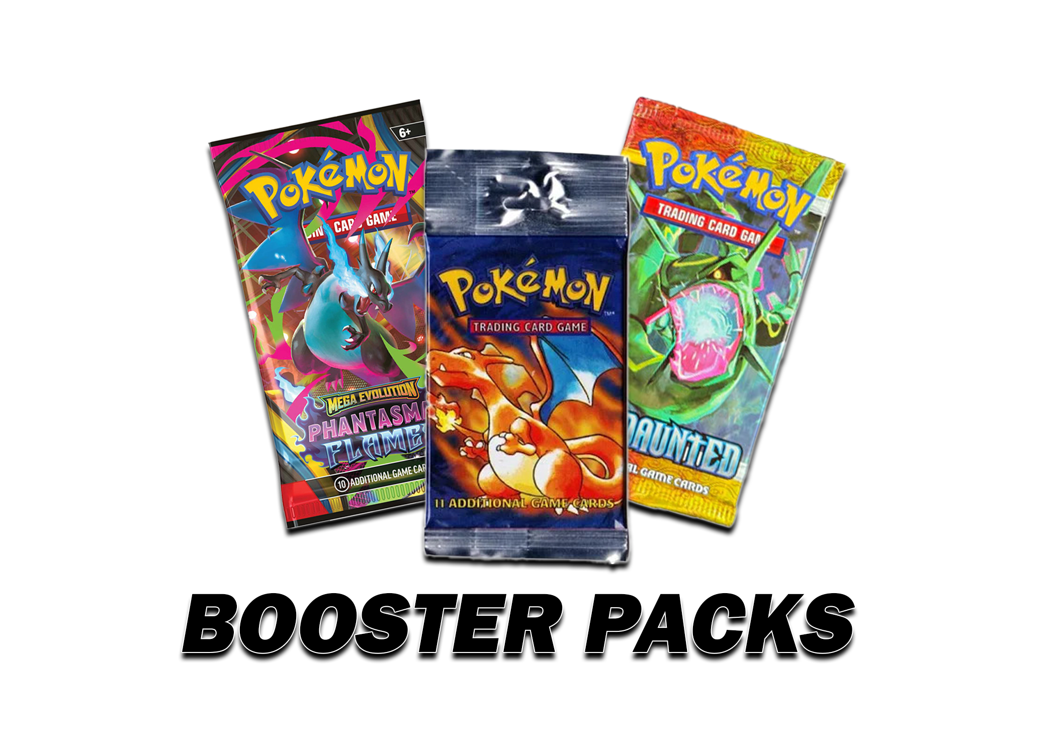 Three Pokémon trading card booster packs: Mega Evolution Phantasma Flame on the left, Dragonite on the center, and Haunted on the right, with the text 'Booster Packs' underneath.