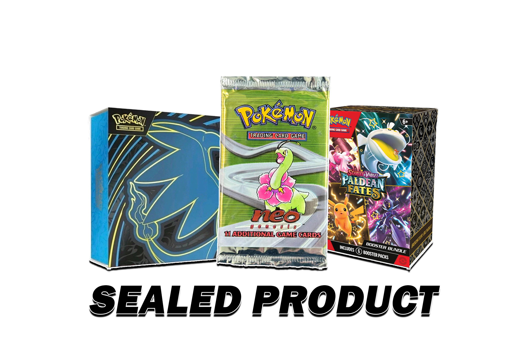 Three sealed Pokémon trading card product boxes against a black background, with the words "SEALED PRODUCT" below.
