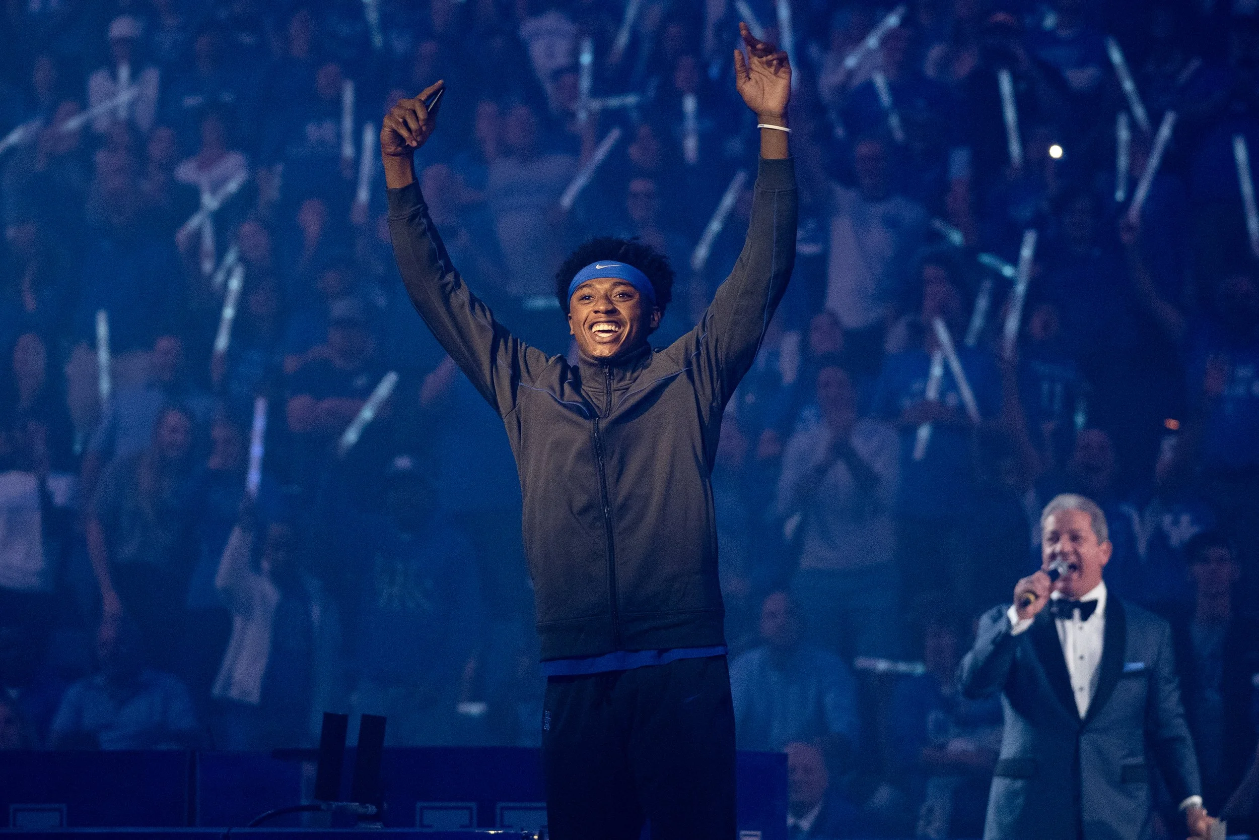 High-energy crowd celebration at Big Blue Madness in Rupp Arena, captured by 859 Photography at the Central Bank Center in Lexington, KY.