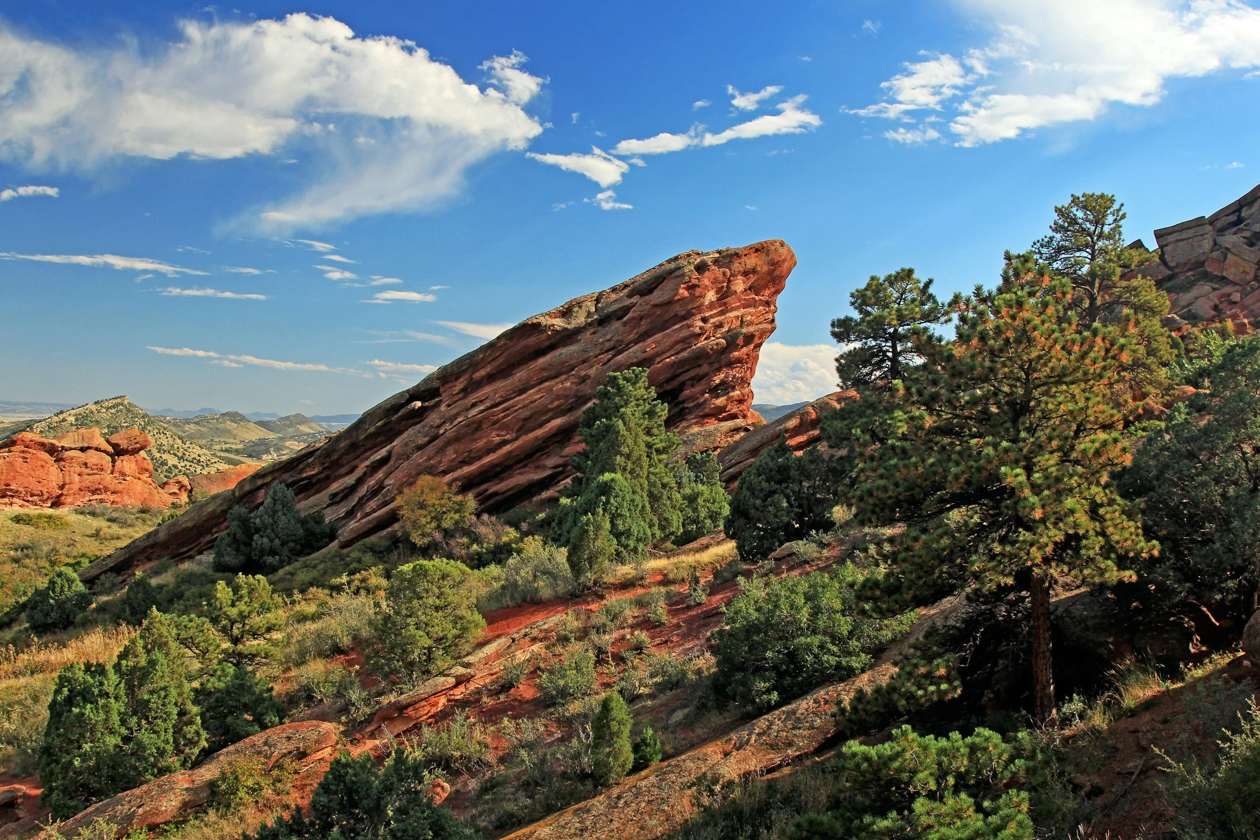 A rocky red formation tilted on a hillside with green trees and shrubs, under a bright blue sky with some scattered clouds.