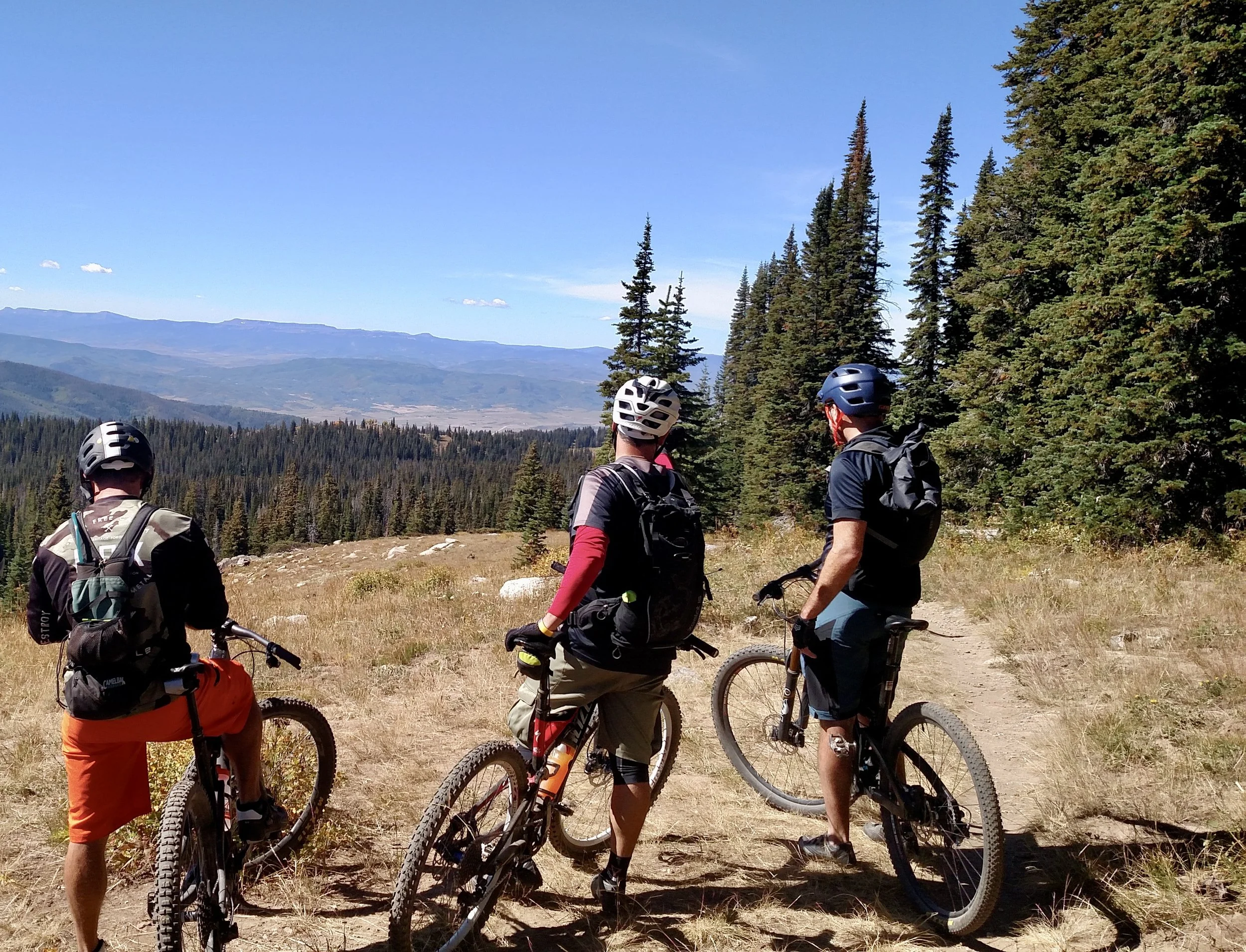 Three mountain bikers with helmets and backpacks ride on a dirt trail through a forested mountain landscape under a blue sky.