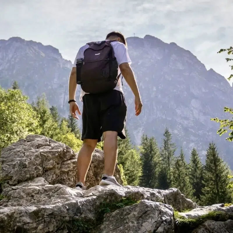Hiker standing on rocky terrain with a backpack, surrounded by trees and mountains in the background.