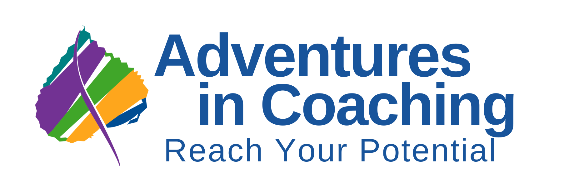 Logo for Adventures in Coaching featuring a multicolored abstract shape resembling a stylized leaf or mountain and the text "Adventures in Coaching" with a tagline "Reach Your Potential" in blue.