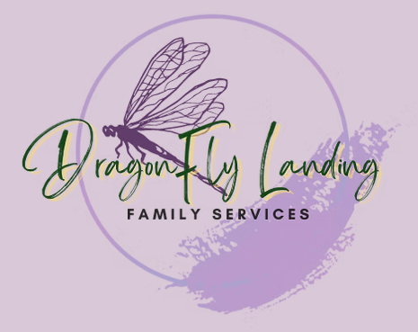 Logo for Dragon Fly Landing Family Services with a dragonfly illustration and purple watercolor background.