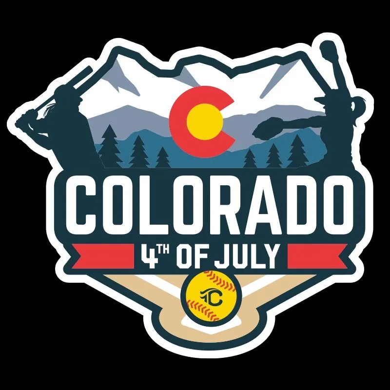 A graphic celebrating Colorado's 4th of July holiday with mountains, trees, a baseball, and a silhouette of a person playing golf.