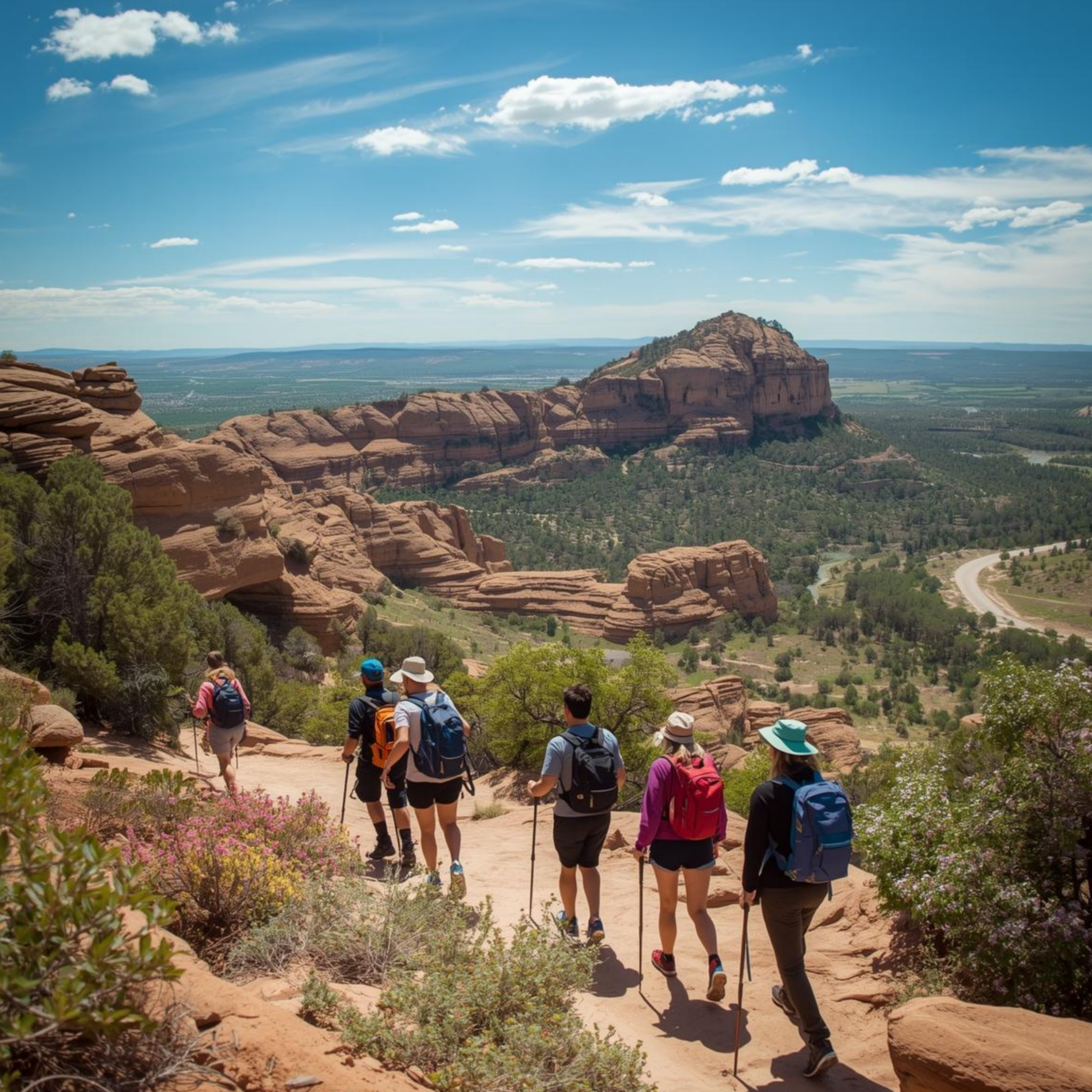 Group of hikers walking on a trail in a desert landscape with red rocks and green trees, under a blue sky with white clouds.