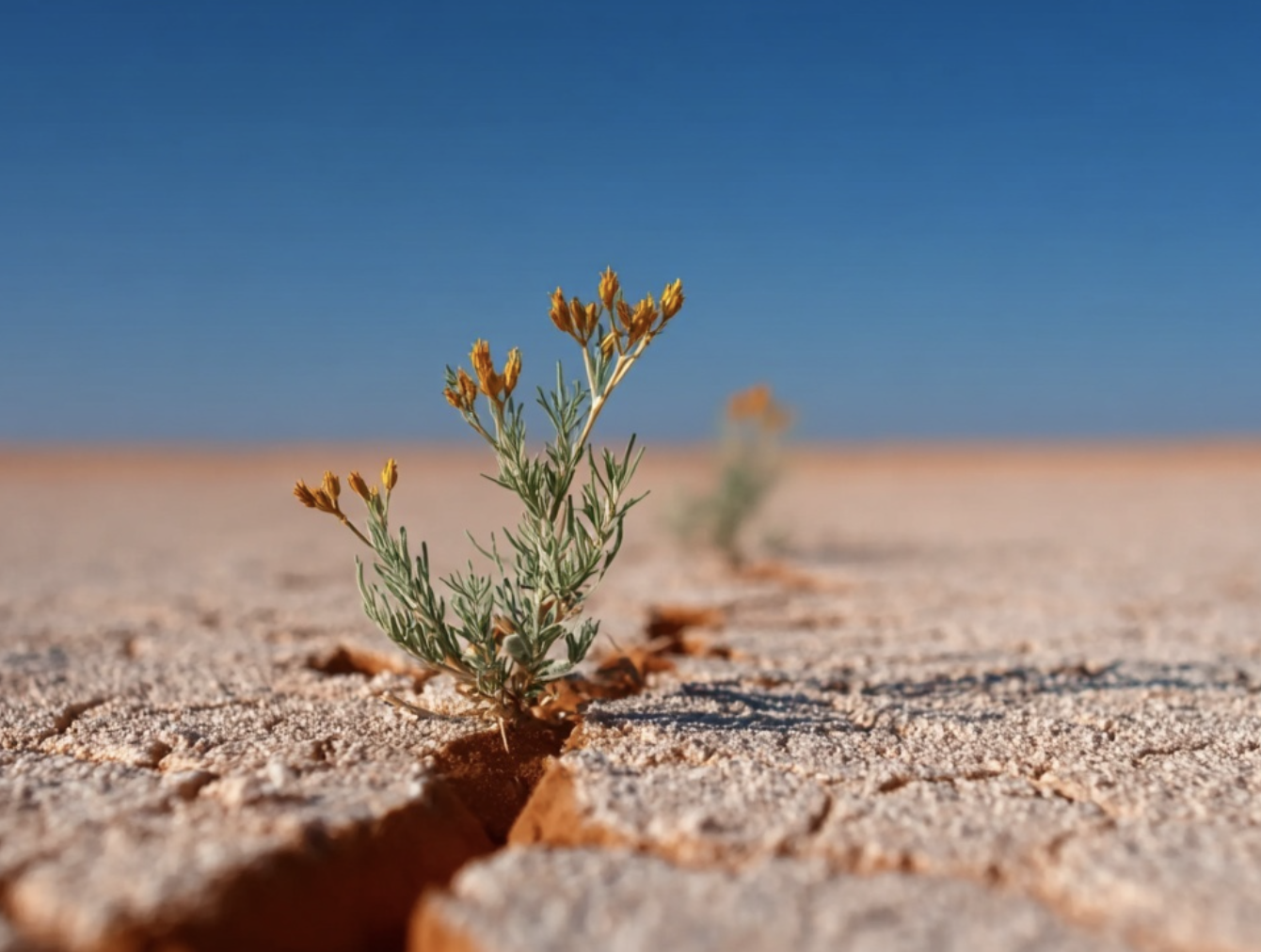 A small desert plant with yellow flowers growing in cracked, sandy soil under a clear blue sky.