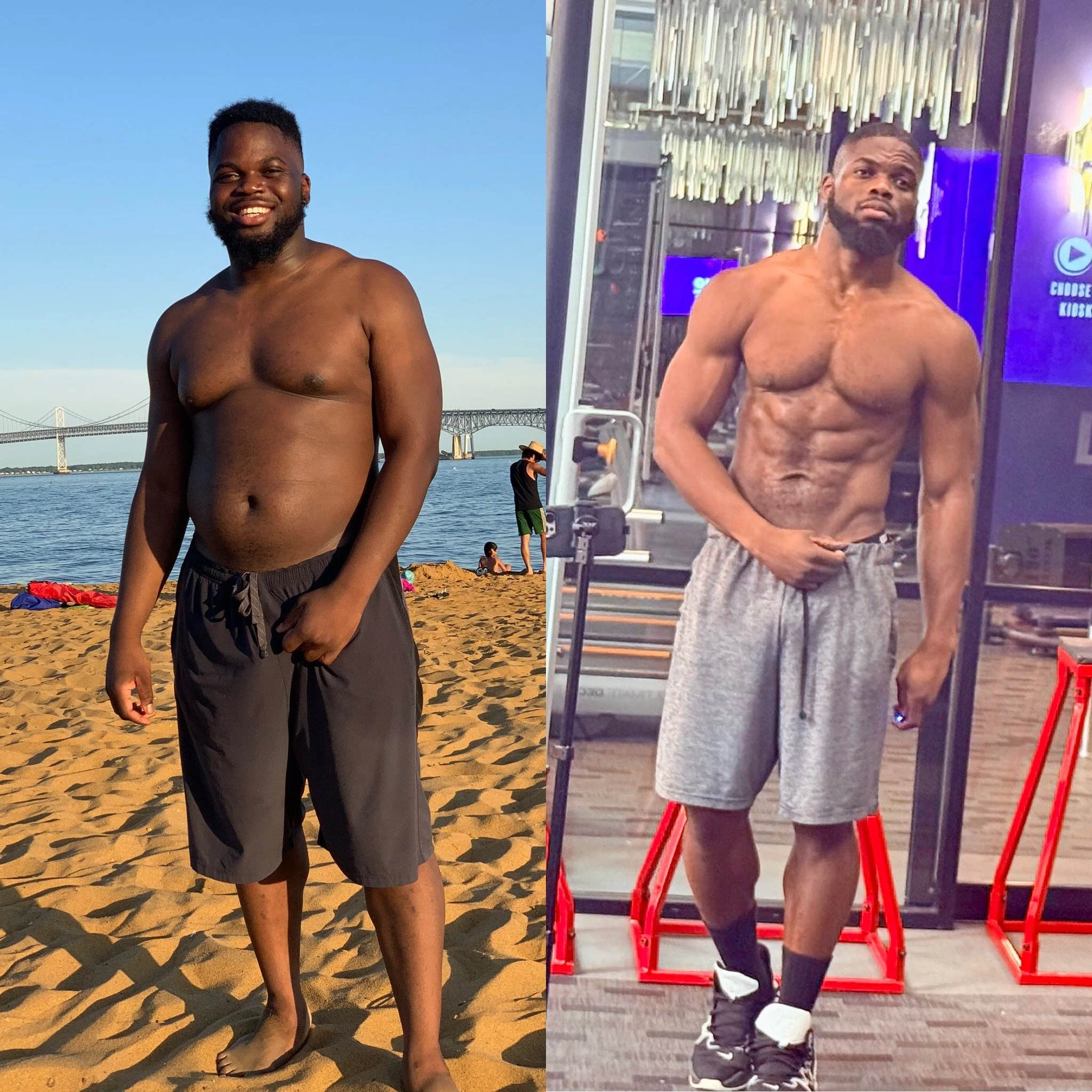 Side-by-side photos of a shirtless man with a beard; on the left, he is at a beach with sand and water in the background, smiling and standing relaxed, wearing black shorts. On the right, he is in a gym, showing a muscular physique, holding his waistband, wearing gray shorts, black socks, and sneakers.