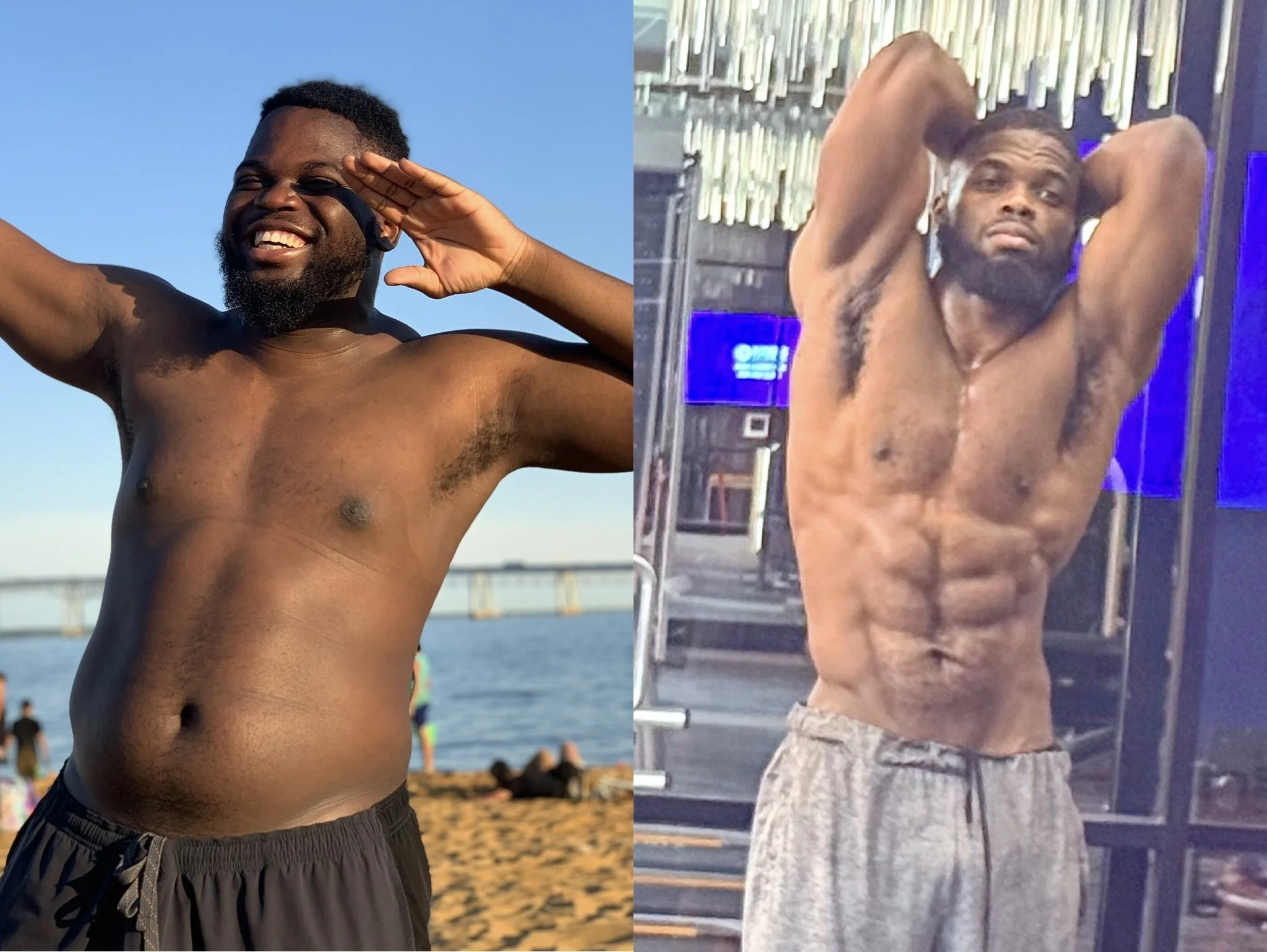 Two shirtless men posing for photos. The man on the left is smiling and saluting outdoors by the water, and the man on the right has his hands behind his head indoors in front of a blue-lit background.