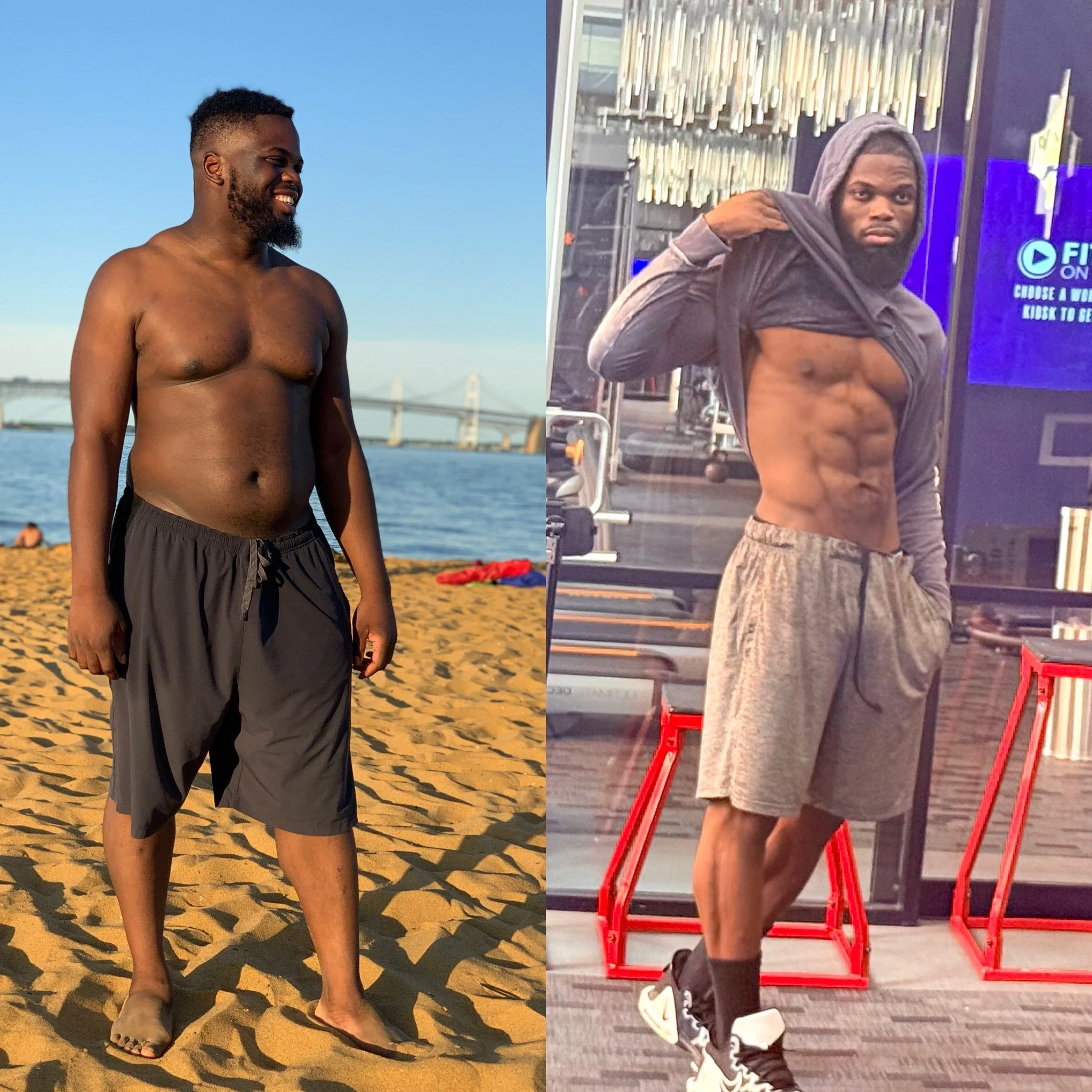 Side-by-side images of a man. The left shows him shirtless at the beach with sand, water, and a bridge in the background, smiling. The right shows him indoors, lifting his shirt to reveal defined abdominal muscles, wearing gray shorts and sneakers.