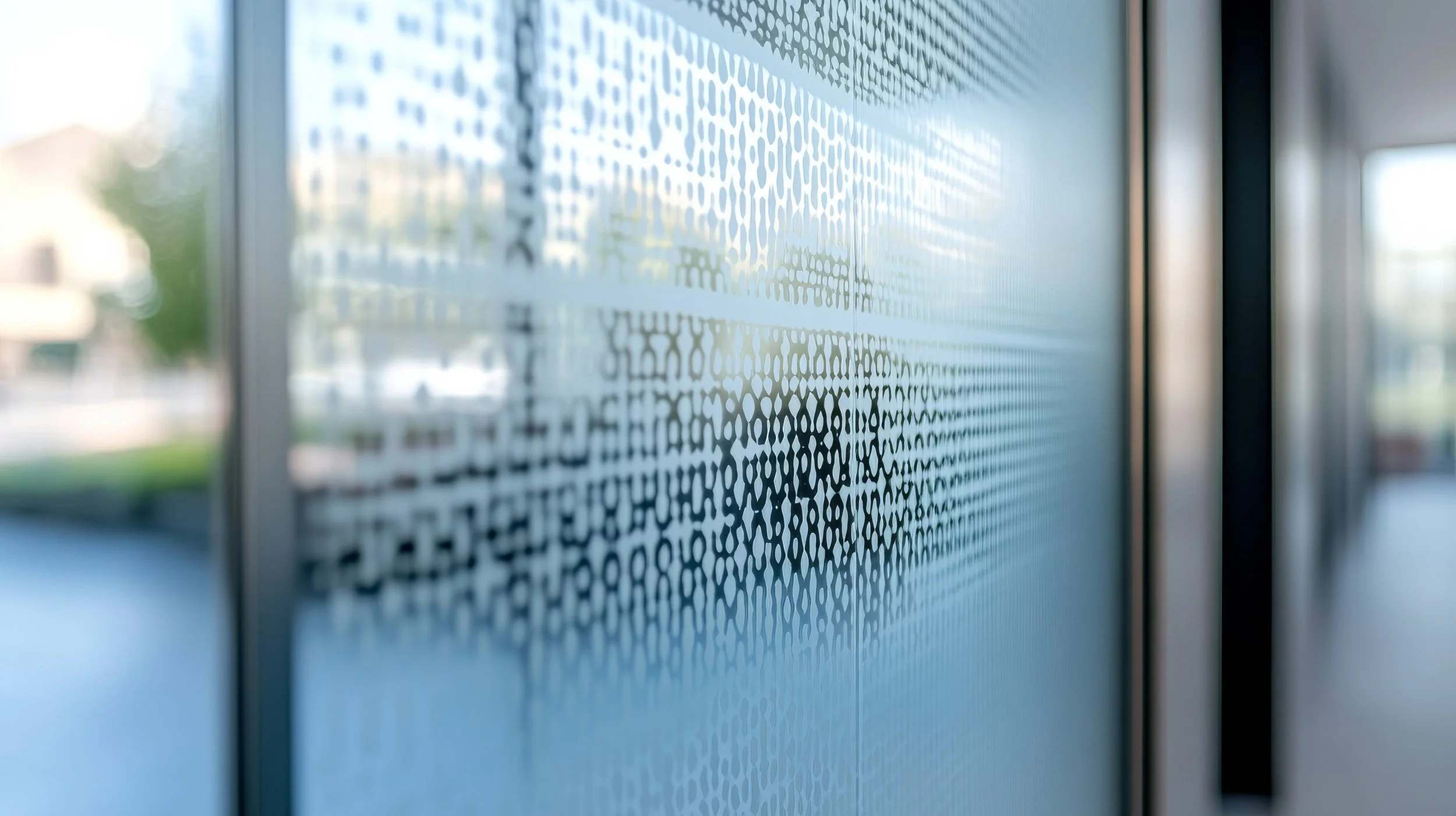 Close-up of a glass wall with a dotted pattern, view of outdoors through the glass, blurred background of buildings and trees.