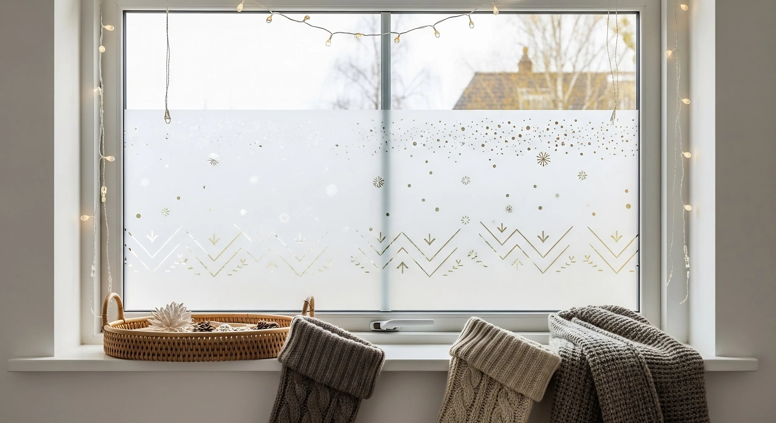 Decorated window with holiday stickers, string lights, knitting sweaters hanging on the windowsill, and a basket with pinecones and a winter decorative item.