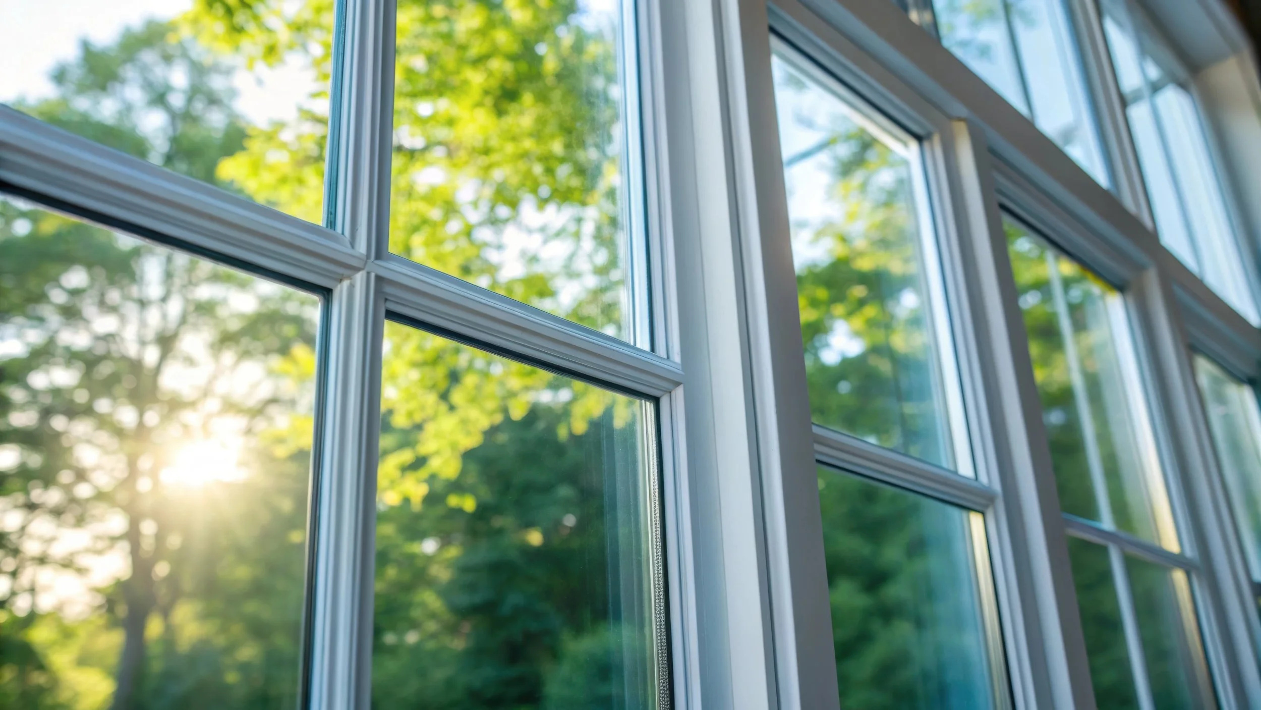 Looking out a window with white framing, sunlight shines through green leafy trees outside.