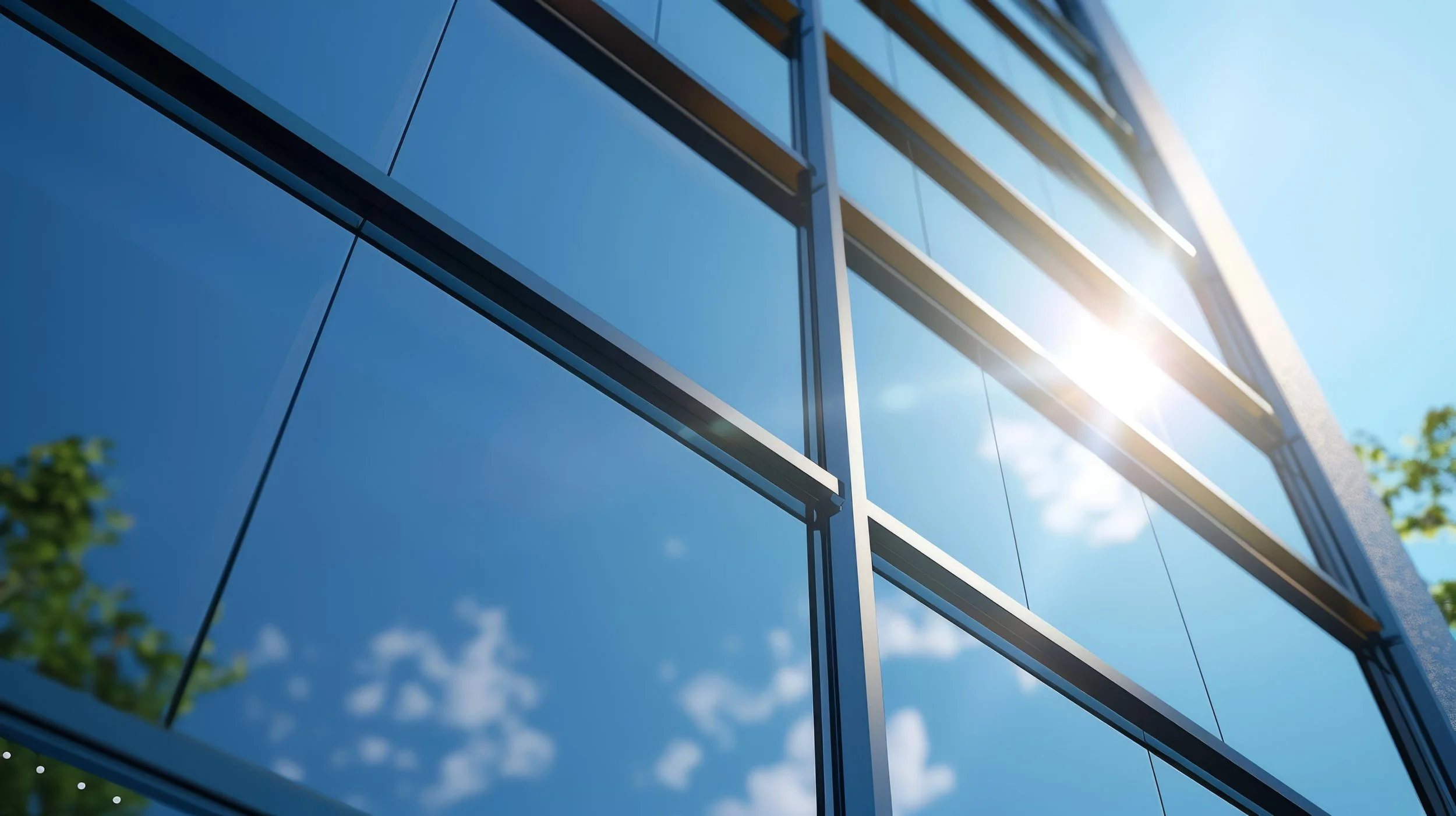 tinted Glass windows on a modern building reflecting the blue sky, clouds, and sunlight.