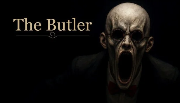 Dark image featuring a sinister clown with a bald head, round glasses, and a wide open mouth, alongside the text 'The Butler'.