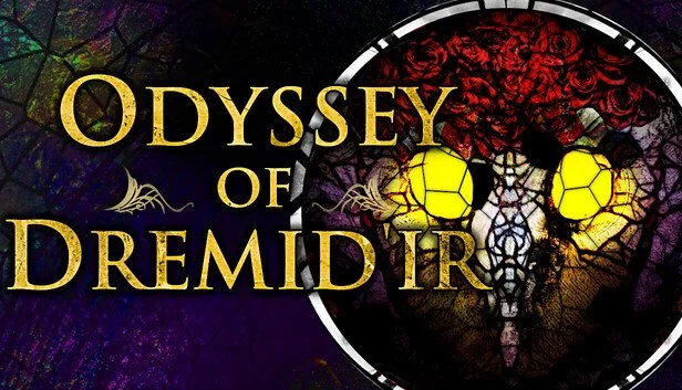 Graphic for the video game Odyssey of Dremid IR, featuring a clock face with a skull-like face, red roses, and glowing yellow eyes within a dark background with purple and green hues.