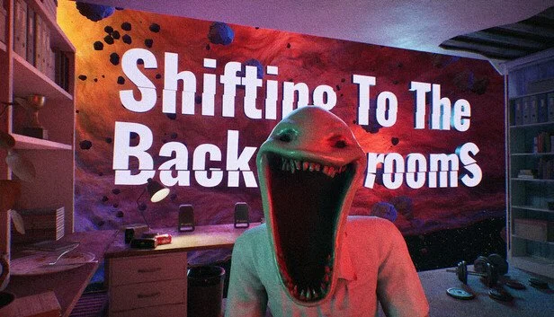 A person wearing a dinosaur mask with an open mouth, in front of a colorful space-themed banner that reads 'Shifting To The Back Rooms,' in a cluttered room with office supplies and shelves.