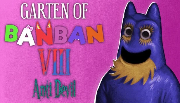 Book cover titled "Garten of BanBan VIII Anti Devil" with a colorful background and a cartoon blue bird character with large eyes, eyelashes, and a yellow beak.