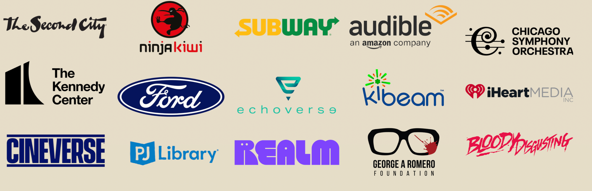 A collage of various company and organization logos on a beige background, including The Second City, Ninja Kiwi, Subway, Audible, Chicago Symphony Orchestra, The Kennedy Center, Ford, Echovers, Kibeam, iHeartMedia, Cineverse, PJ Library, Realm, George A Romero Foundation, and Blood Ditching.