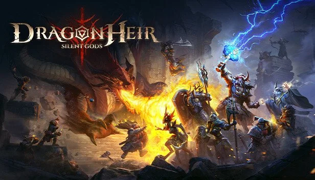 Artwork for the video game Dragon Age: Inquisition, featuring a battle scene with armored warriors and a dragon breathing fire, with lightning in the background.