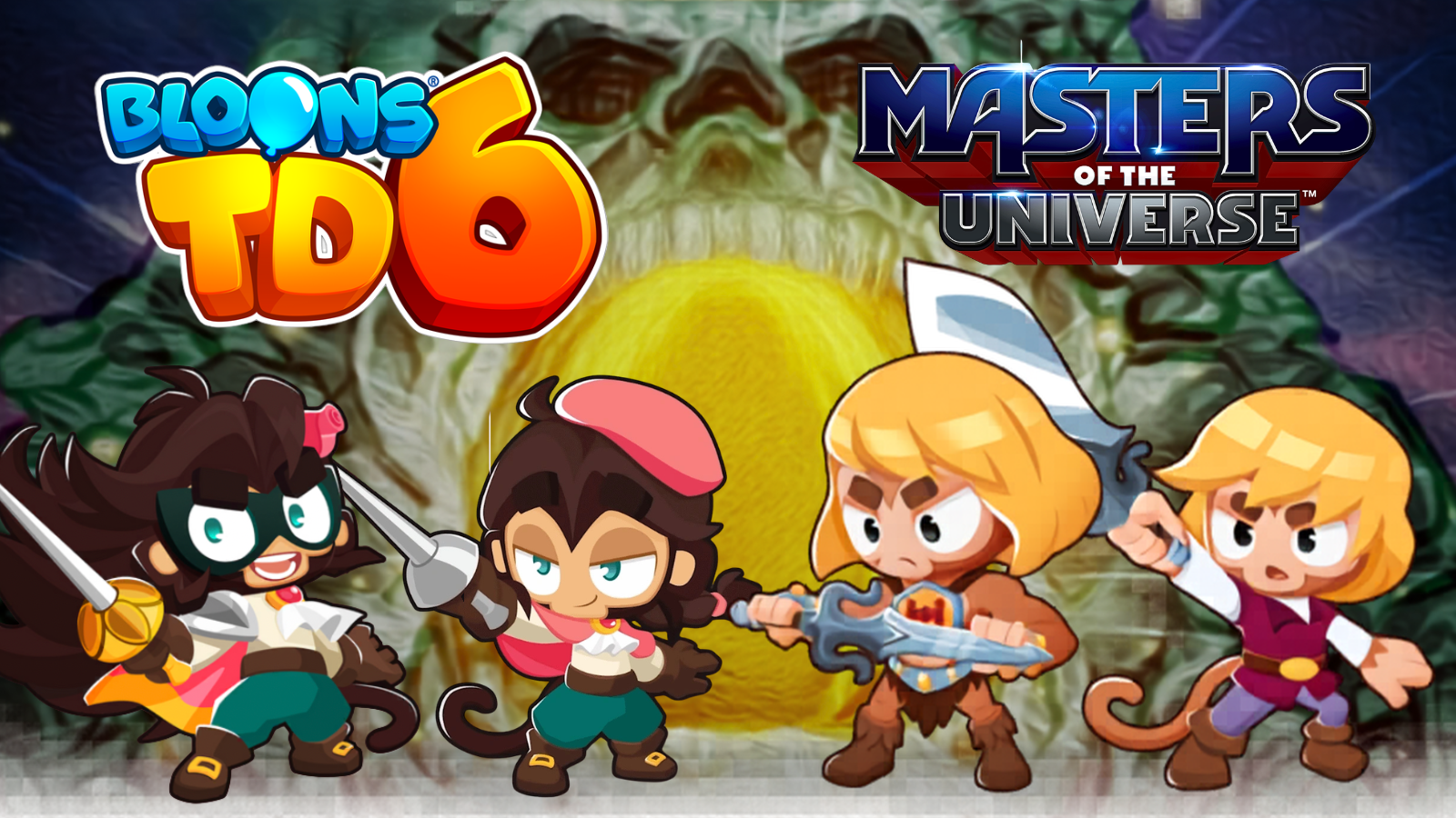 Cartoon illustration of four characters fighting with swords and weapons in front of a large green monster with glasses and a yellow beard, with the titles 'Blons TD6' and 'Masters of the Universe' above.