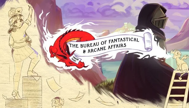A fantasy illustration featuring a mysterious armored figure with a cape, sitting by the water with a dog. To the left, a page sketch of a girl with a ponytail holding a pencil. A dragon and a scroll with the text 'The Bureau of Fantastical & Arcane Affairs' are also present.