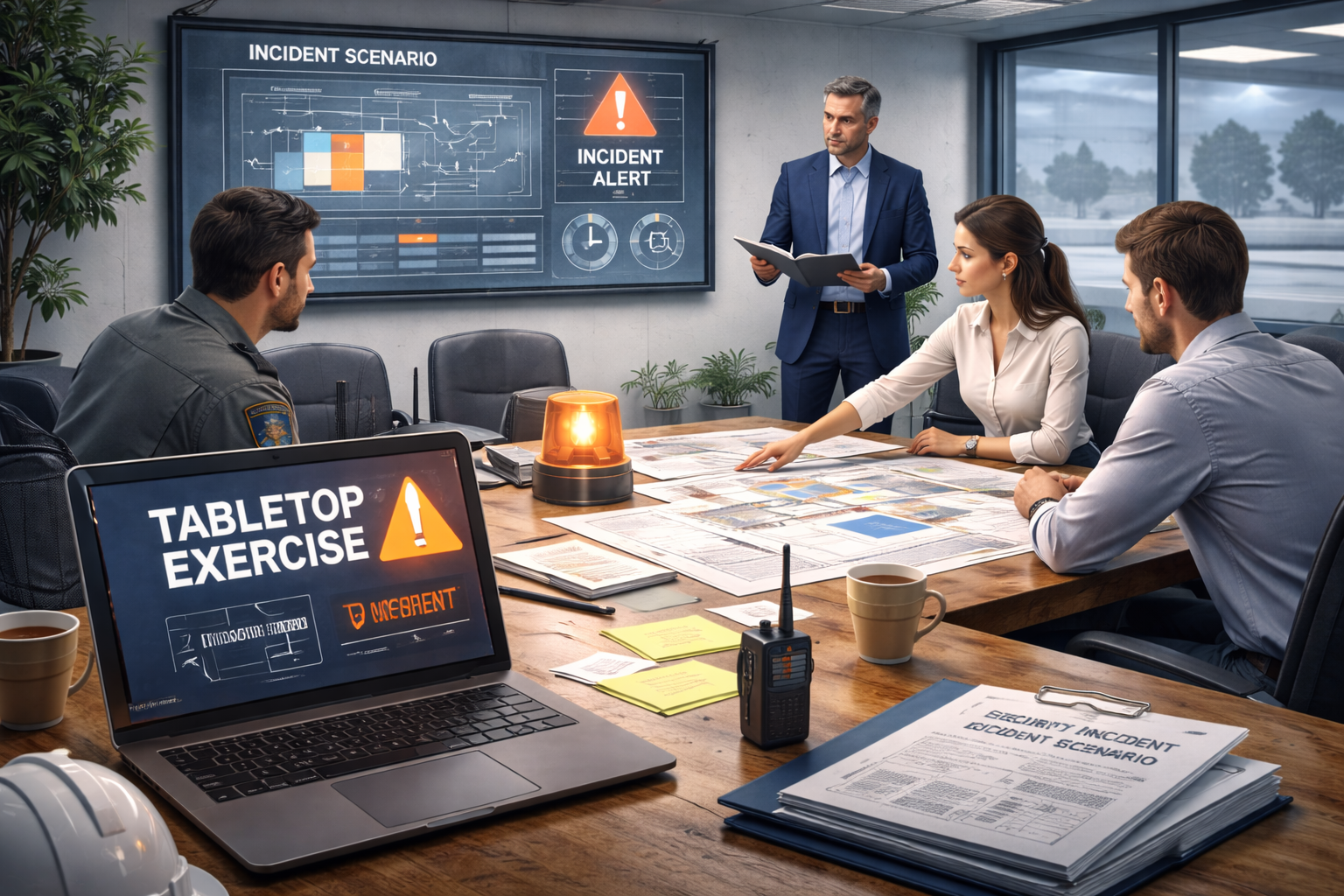 Security office with a golden retriever security dog wearing a vest labeled 'RiskHound' sitting on a desk. The desk has a security assessment form, a notepad labeled 'Contact Us' with a pen, a yellow construction helmet, two walkie-talkies, a computer monitor showing surveillance camera feeds, and a smartphone. In the background, a man in a suit is reading a document inside a modern office building at night.