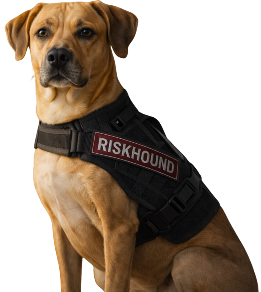 A service dog wearing a vest with a patch that says 'RiskHound'.
