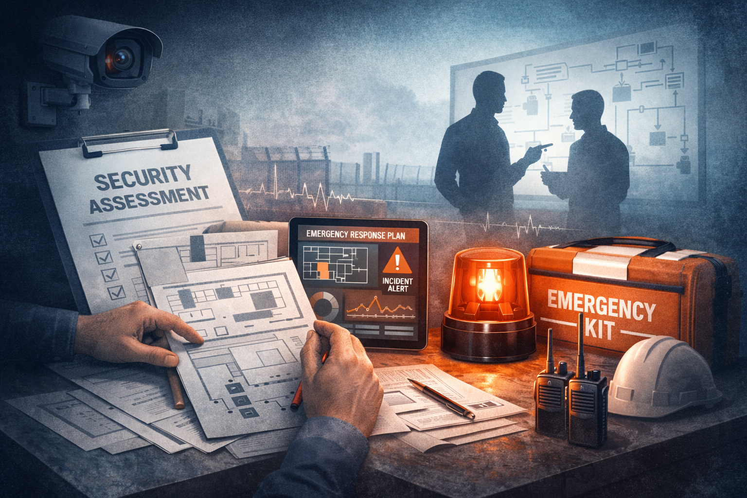 A security assessment workspace featuring blueprints, a tablet displaying an emergency response plan with incident alert, an emergency kit, walkie-talkies, a hard hat, and a rotating emergency light. In the background, two silhouettes are discussing plans, with a schematic diagram on a screen.