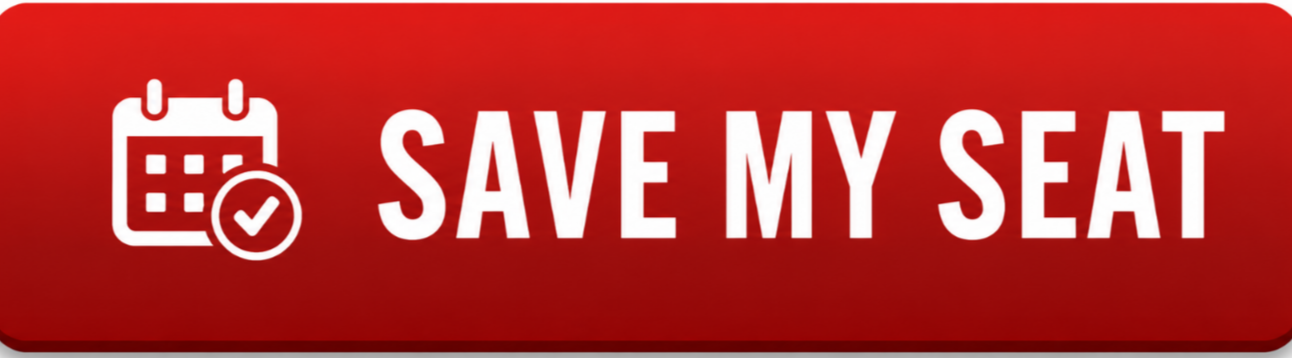 Red button with calendar icon and check mark, labeled 'Save My Seat'.