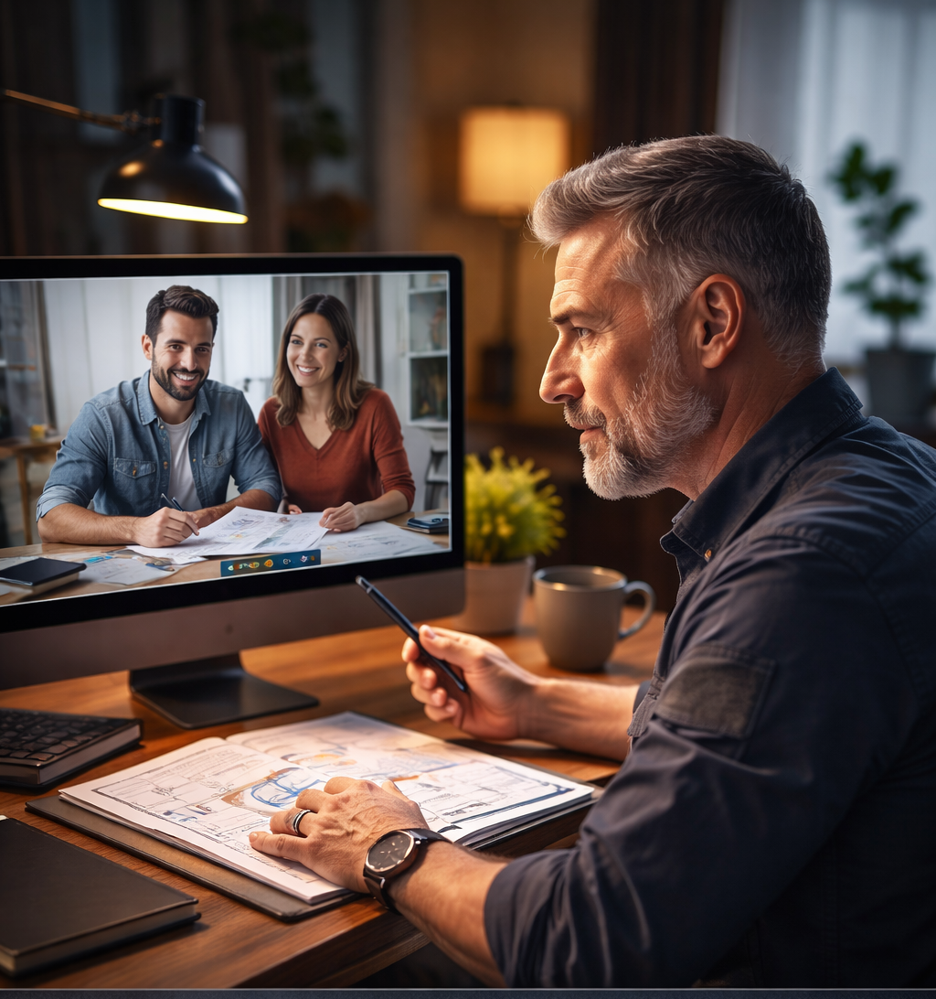 Security office with a golden retriever security dog wearing a vest labeled 'RiskHound' sitting on a desk. The desk has a security assessment form, a notepad labeled 'Contact Us' with a pen, a yellow construction helmet, two walkie-talkies, a computer monitor showing surveillance camera feeds, and a smartphone. In the background, a man in a suit is reading a document inside a modern office building at night.