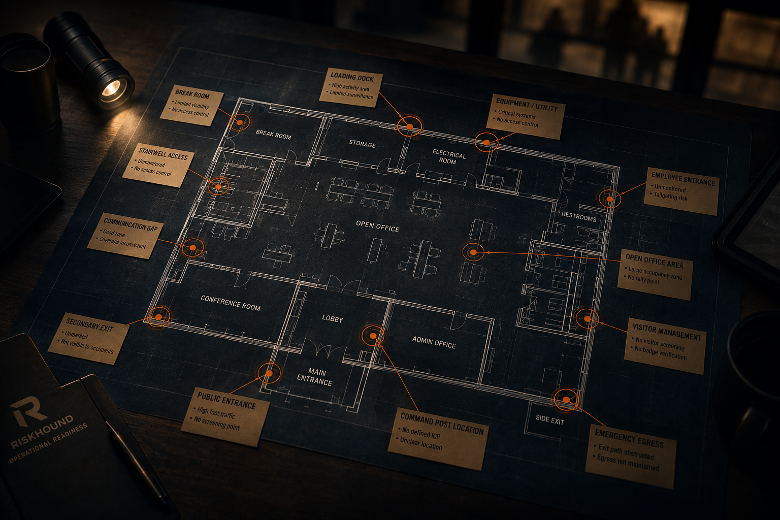 Blueprint of a building with marked security points and notes, including main entrance, secondary exit, loading dock, storage, restrooms, conference room, and offices.