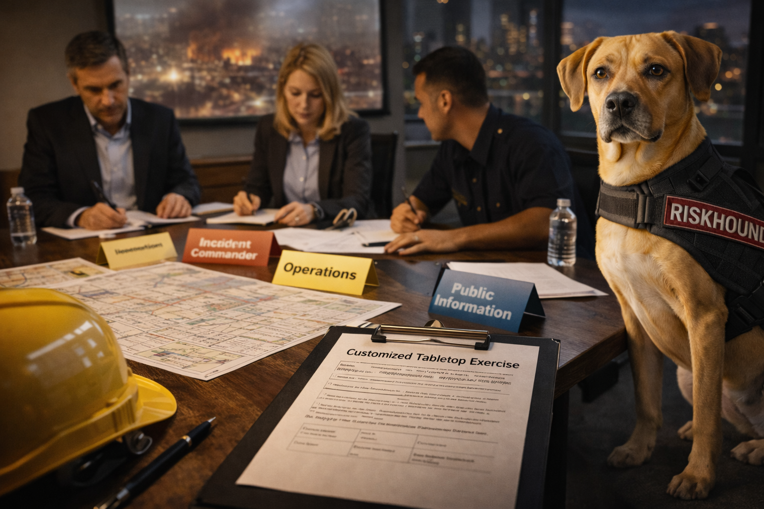 A desk setup with binoculars, a map, a compass, a pen, a smartphone showing a map, sunglasses, a notebook with a pen, a remote radio, a mouse, and a tablet displaying multiple camera feeds, all next to a window with a view of the street outside.