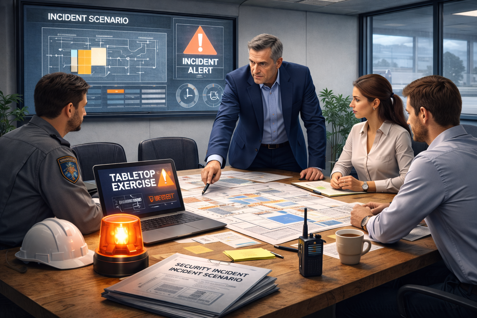 A group of four people in a conference room engaged in a security incident response meeting, with warning signs, printed documents, and a laptop on the table, and a digital display showing incident alerts and scenario details in the background.