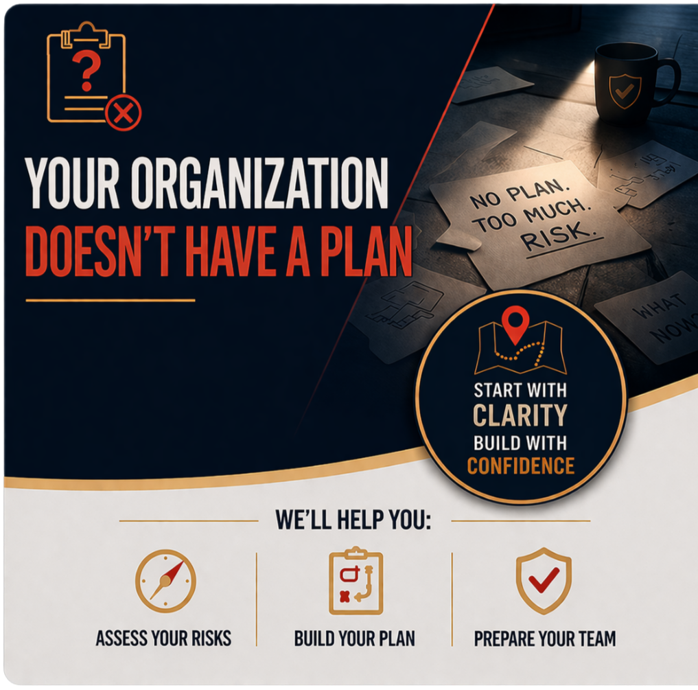 A desk setup with binoculars, a map, a compass, a pen, a smartphone showing a map, sunglasses, a notebook with a pen, a remote radio, a mouse, and a tablet displaying multiple camera feeds, all next to a window with a view of the street outside.