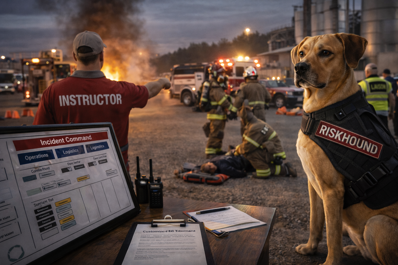 A workspace with blueprints, a camera, a walkie-talkie, glasses, a smartphone, a laptop displaying technical drawings, a cup of coffee, and a large sign that reads 'Readiness Programs' in bold black letters against a yellow background.