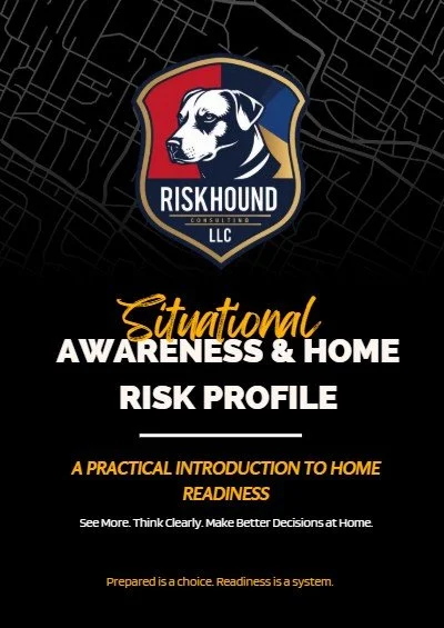 Riskhound LLC logo featuring a dog, with text about situational awareness and home risk profile, and a slogan about preparedness.