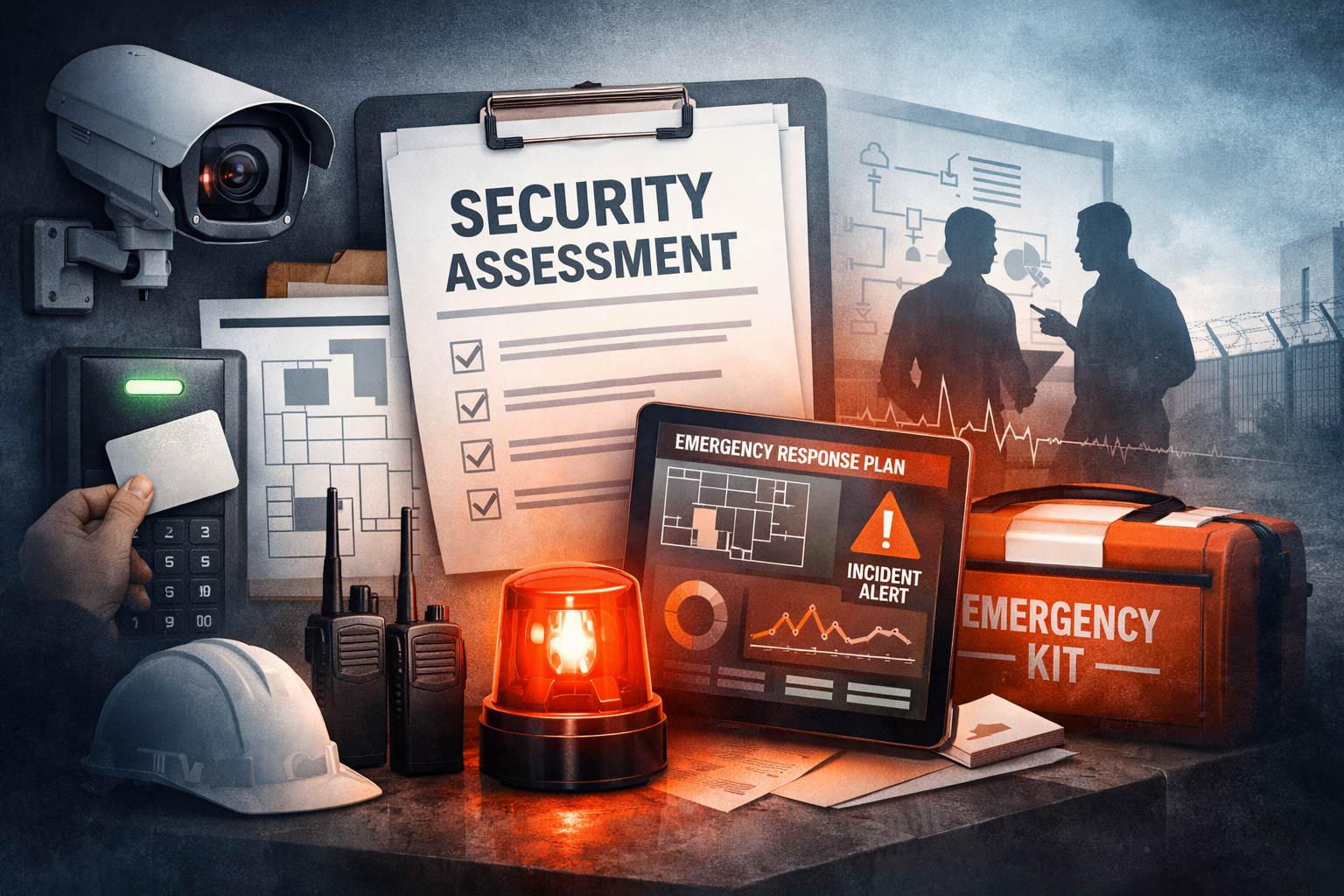 A workspace with blueprints, a camera, a walkie-talkie, glasses, a smartphone, a laptop displaying technical drawings, a cup of coffee, and a large sign that reads 'Readiness Programs' in bold black letters against a yellow background.