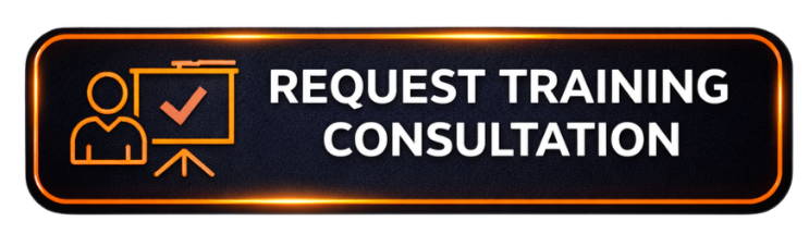Button with orange border, icon of a person with checkmark on presentation board, and text 'Request Training Consultation'.
